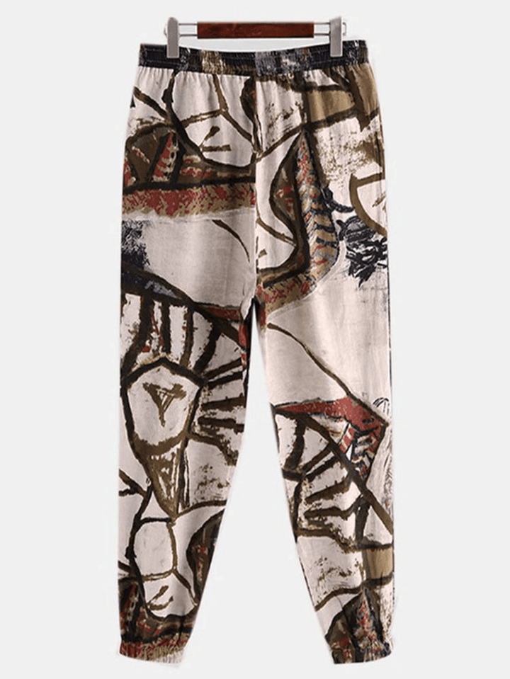 Ethnic Graffiti Print Drawstring Pocket Elastic Waist Harem Pants for Women - MRSLM