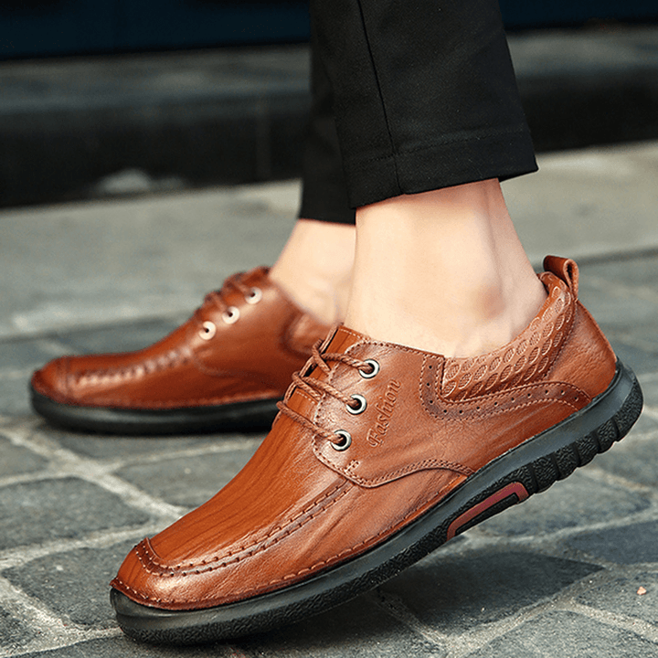 Men Casual Comfy Soft Sole Genuine Leather Lace up Oxfords Shoes - MRSLM