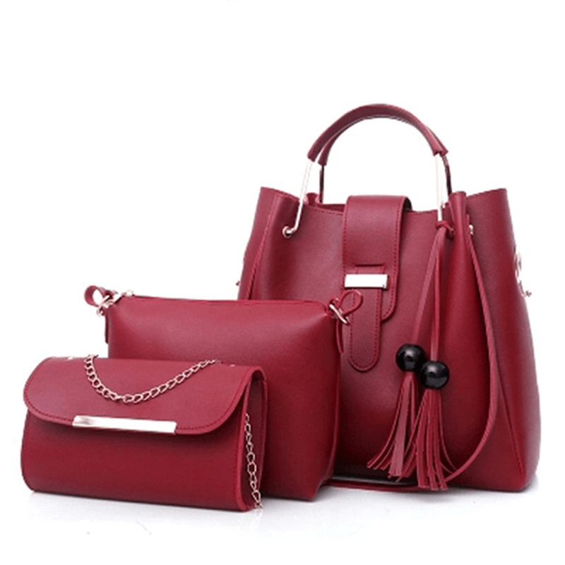 Women Faux Leather Three-Piece Set Tassel Handbag Crossbody Bag Clutch Bag - MRSLM