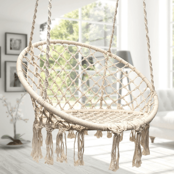 Mesh Hanging Hammock Woven Rope Wooden Bar White Swing Patio Chair Seat Iron Ring+Cotton Rope Mesh Hanging Basket - MRSLM