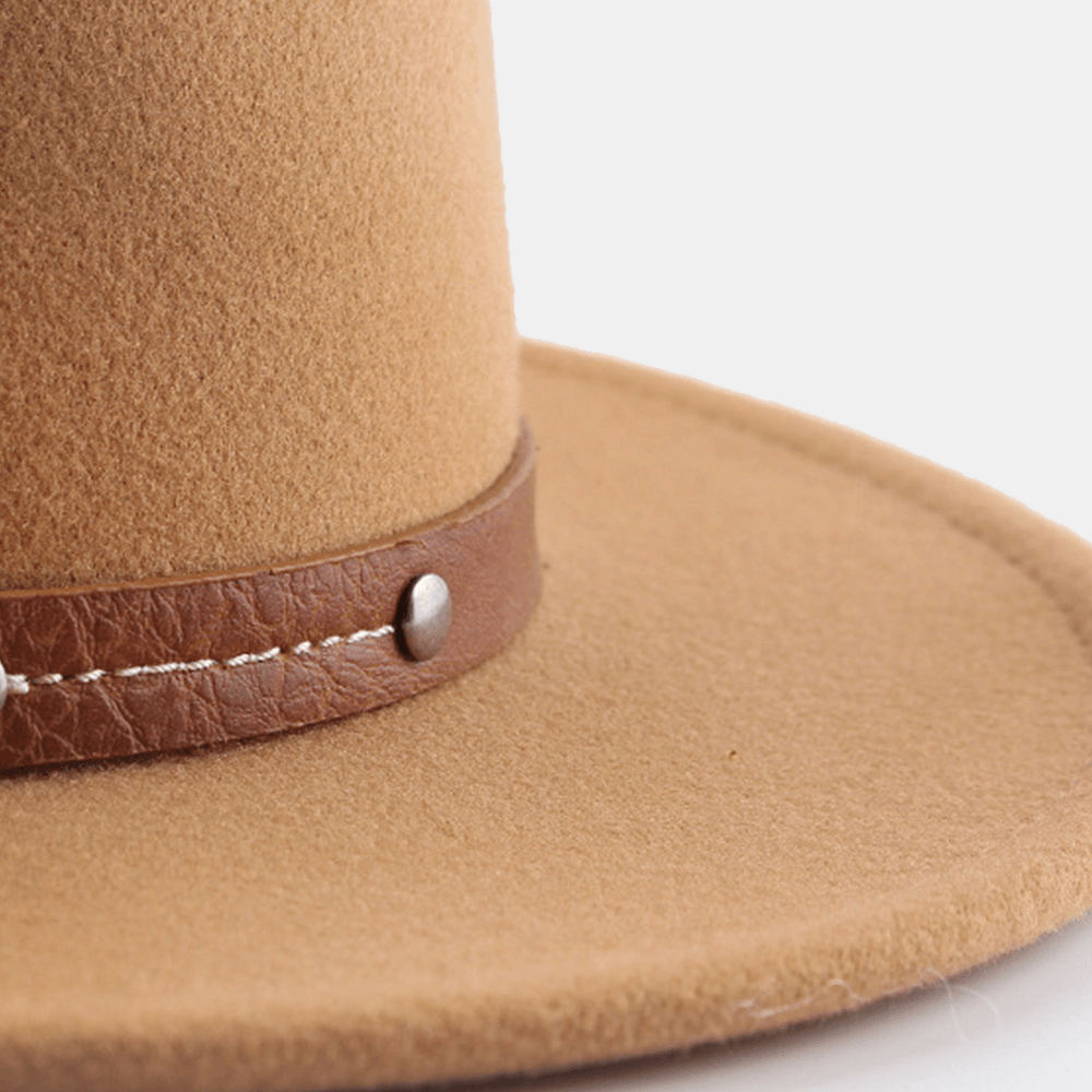 Unisex British Style Leather Belt Buckle Flat Brim Top Hat Fashion Outdoor Wide Brim Felt Hat - MRSLM