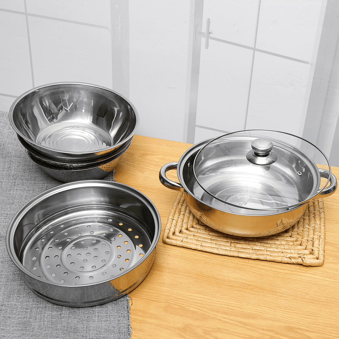 6Pcs/Set Stainless Steel Outdoor Cookware Combination Pot Anti-Corrosion Lightweight Steamer Fruit Basin for Camping Hiking Household - MRSLM