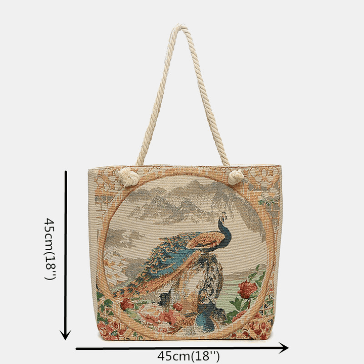 Women Peacock Printed Canvas Tote Bag Hangbag - MRSLM