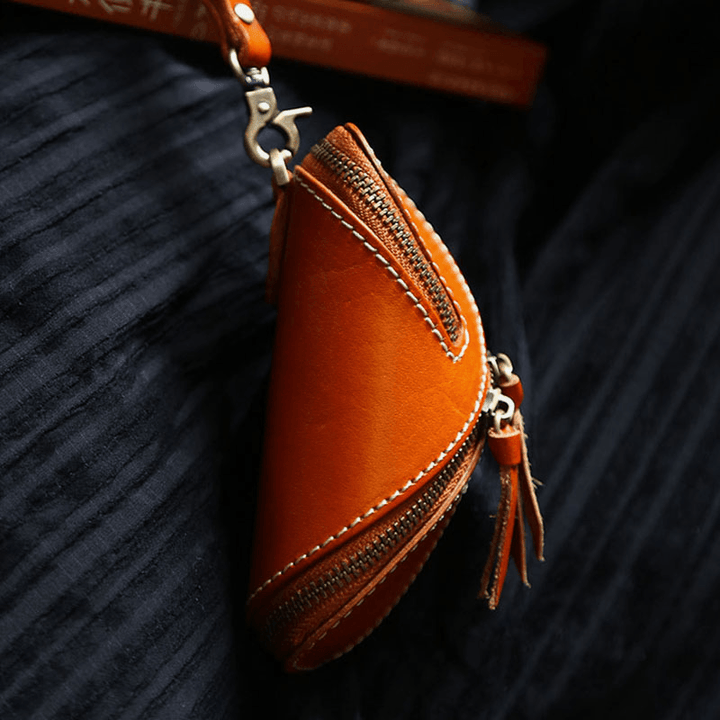 Men Genuine Leather Solid Color Oval Zipper Retro Key Case Card Case Clutch Bags - MRSLM