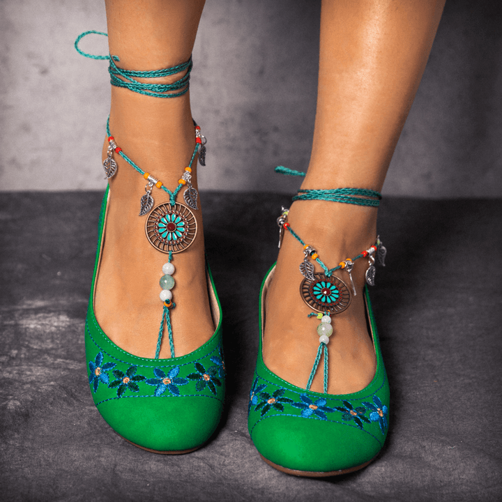 LOSTISY Beaded Chain Exotic Style Flower Embroidered Casual Green Loafers - MRSLM