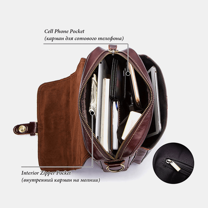 Men Genuine Leather Cowhide Retro Multi-Pockets Multi-Layers Crossbody Bag - MRSLM