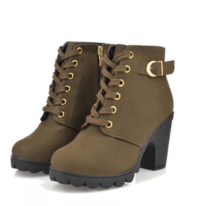 Women Girl High Top Heel Ankle Boots Winter Pumps Lace up Buckle Suede Shoes - MRSLM