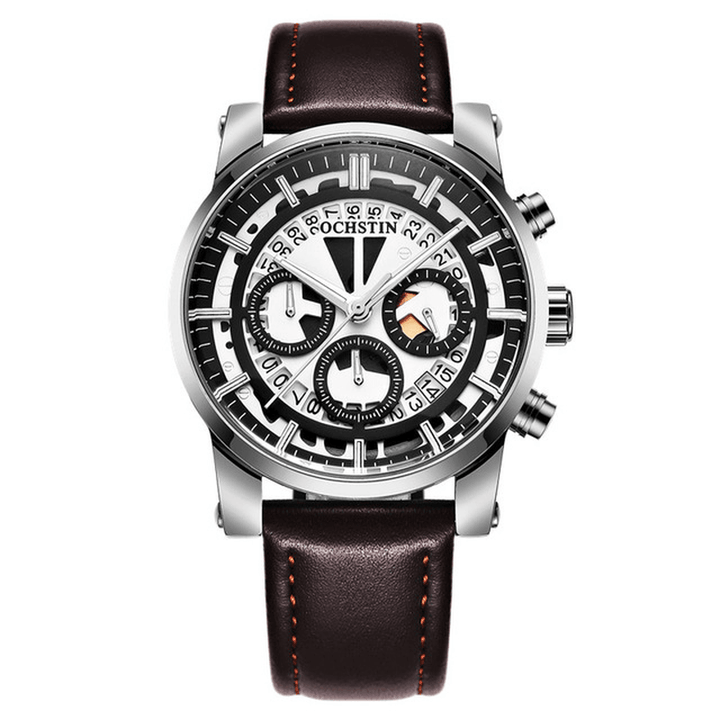 OCHSTIN GQ6110A Luminous Display Men Wrist Watch Chronograph Leather Strap Quartz Watches - MRSLM