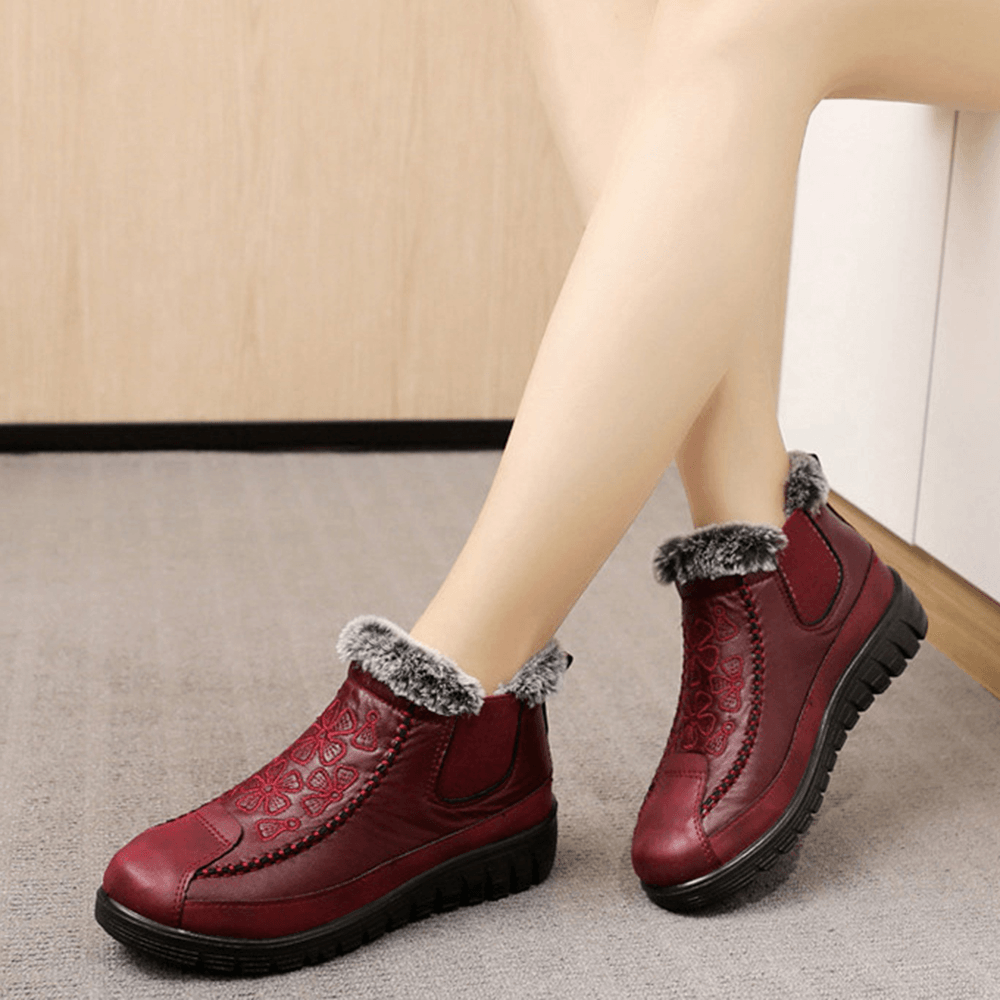 Women Comfy Floral Embroidered Waterproof Warm Lining Cotton Snow Boots - MRSLM