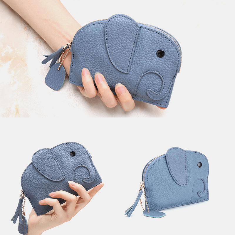 Women Genuine Leather Casual Cute Animal Elephant Pattern Mini Keychain Coin Bag Storage Bag - MRSLM