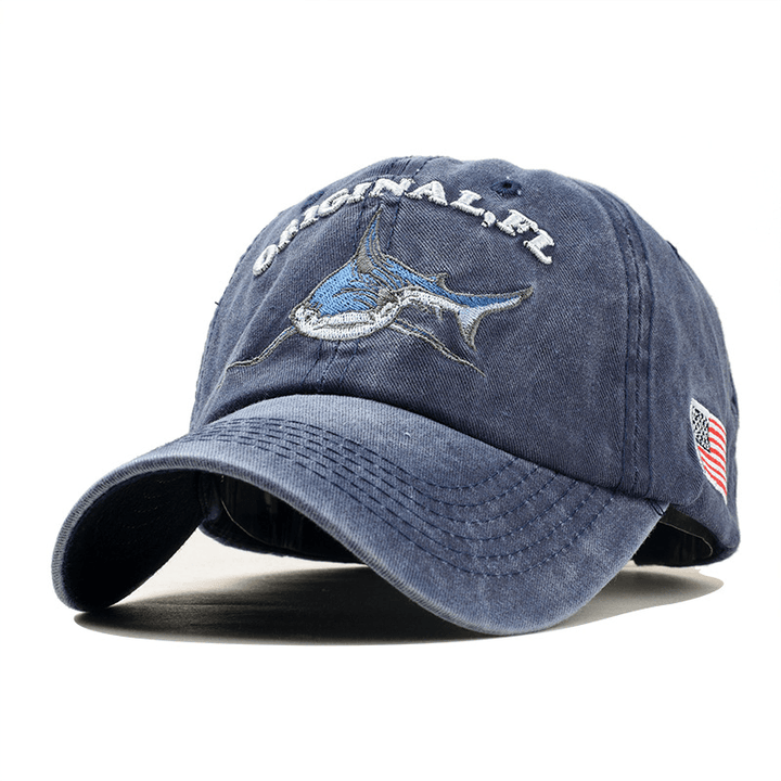 Men Women Denim Sunshade Hat Embroidered Letter Shark Washed Baseball Cap - MRSLM