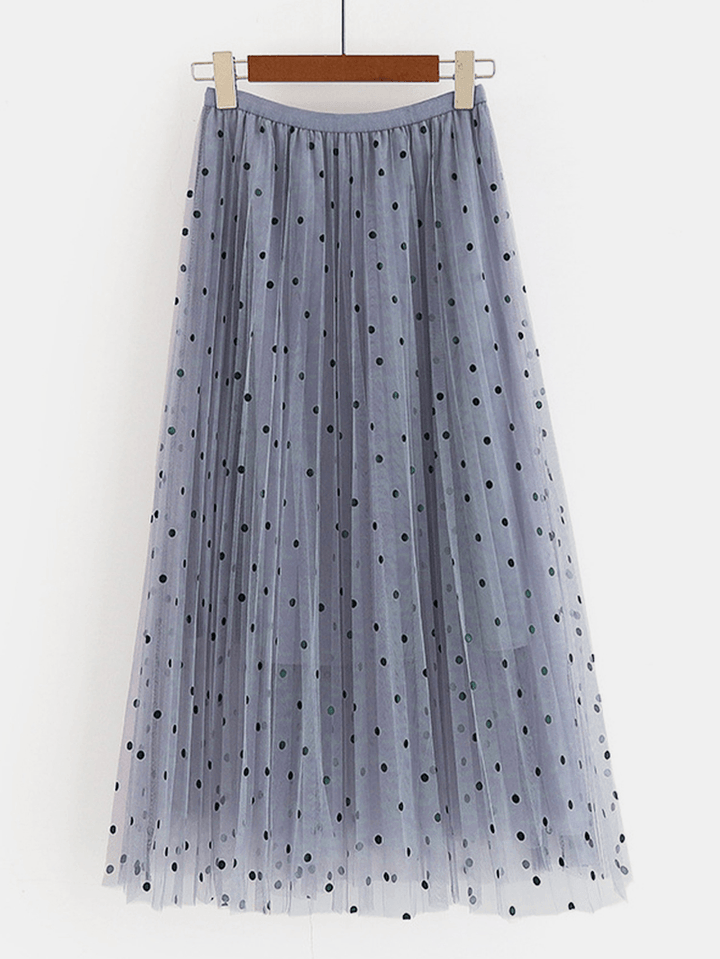 Women Polka Dot Print Gauze Elastic Waist Midi Mesh Pleated Skirt - MRSLM