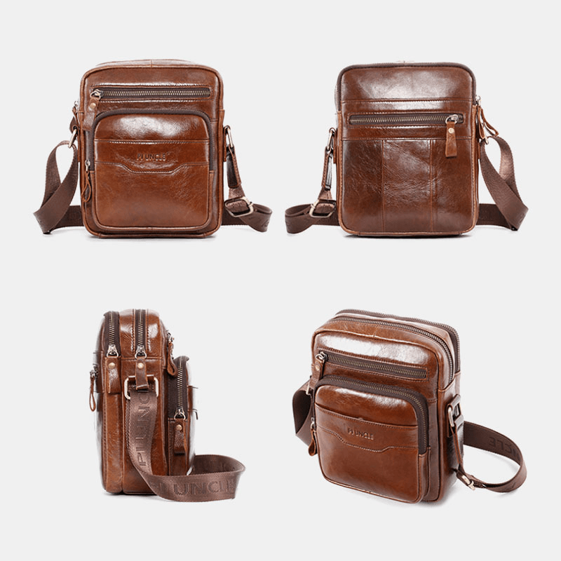 Men Genuine Leather Multi-Function Retro Wear-Resisant Large Capacity Handbag Shoulder Bag Cross Body Bag - MRSLM