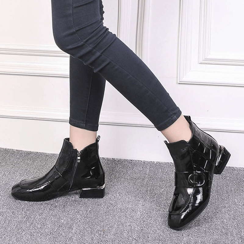 Women Chic Embossed Patent Buckle Zipper Ankle Boots - MRSLM