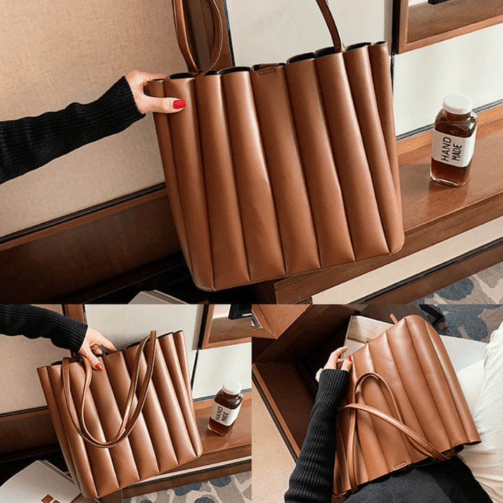 2 Pcs Women PU Leather Stripe Small Square Bag Large Capacity Ruched Bag Handbag Shoulder Bag - MRSLM