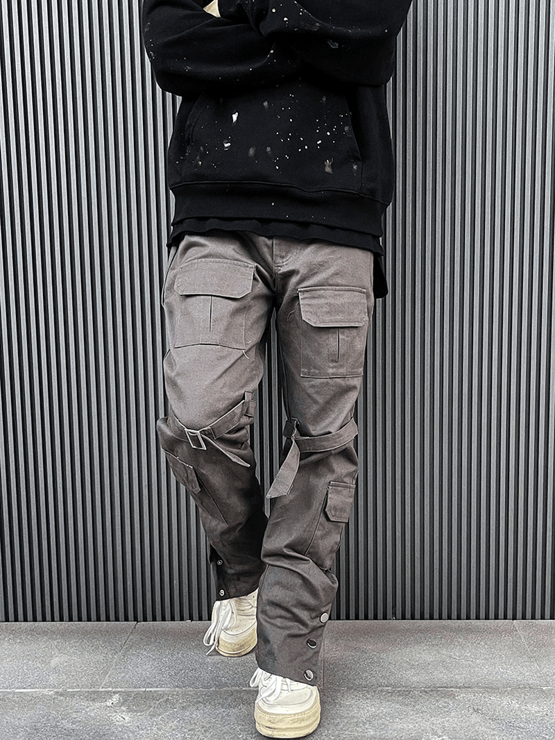 Straight-Breasted Cargo Pants with Multi-Pocket Straps - MRSLM