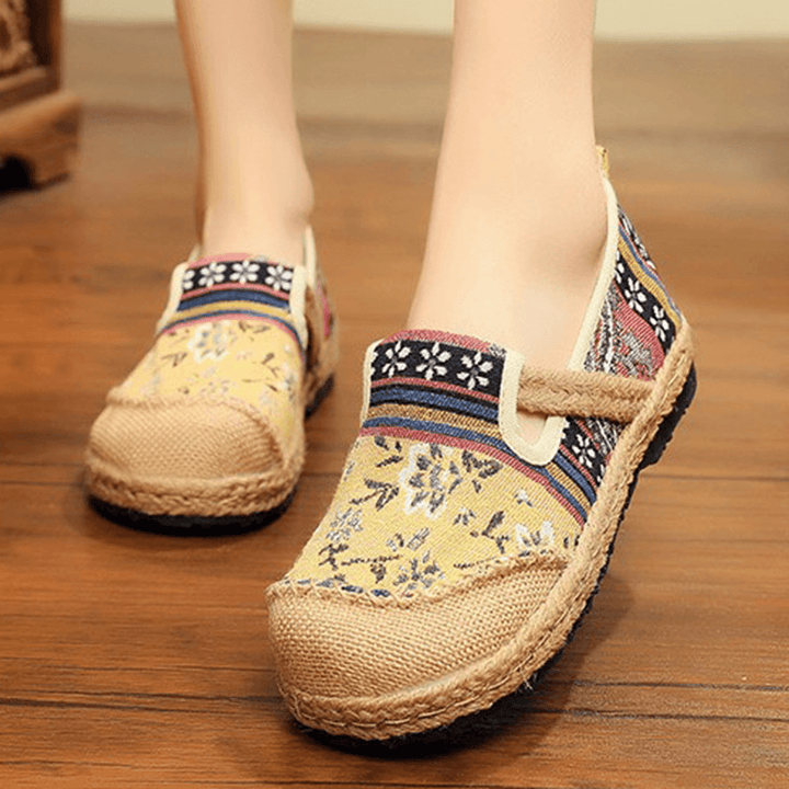 Women Linen Old Peking Printing Stricing Slip on Loafers - MRSLM