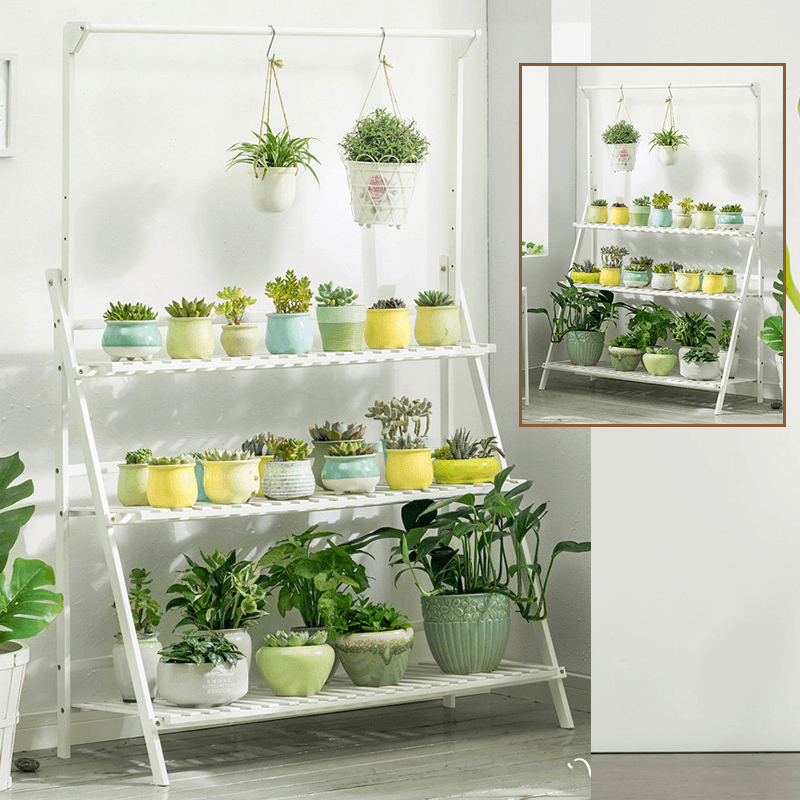 Plant Stand Flower Pot Display Multi-Layer Shelf with Hanging Rod Plants Rack Holder Organizer - MRSLM