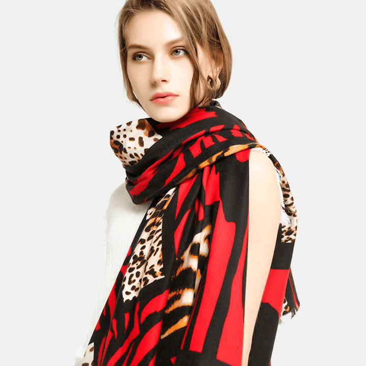 Women Double-Sided Satin Printed Zebra Leopard Pattern Scarf Autumn Winter Super Long Thicken Warmth Shawls Neckerchief - MRSLM