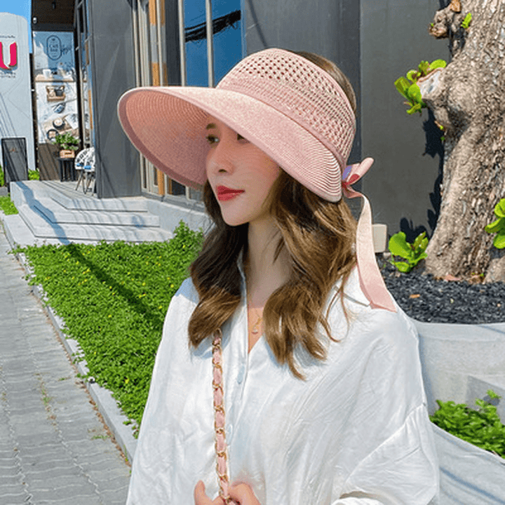 Sun Hat Women'S Big Brim Hollow Top Hat Hollow Summer Outdoor Big Brim No Top Folding Anti-Ultraviolet Sunscreen - MRSLM