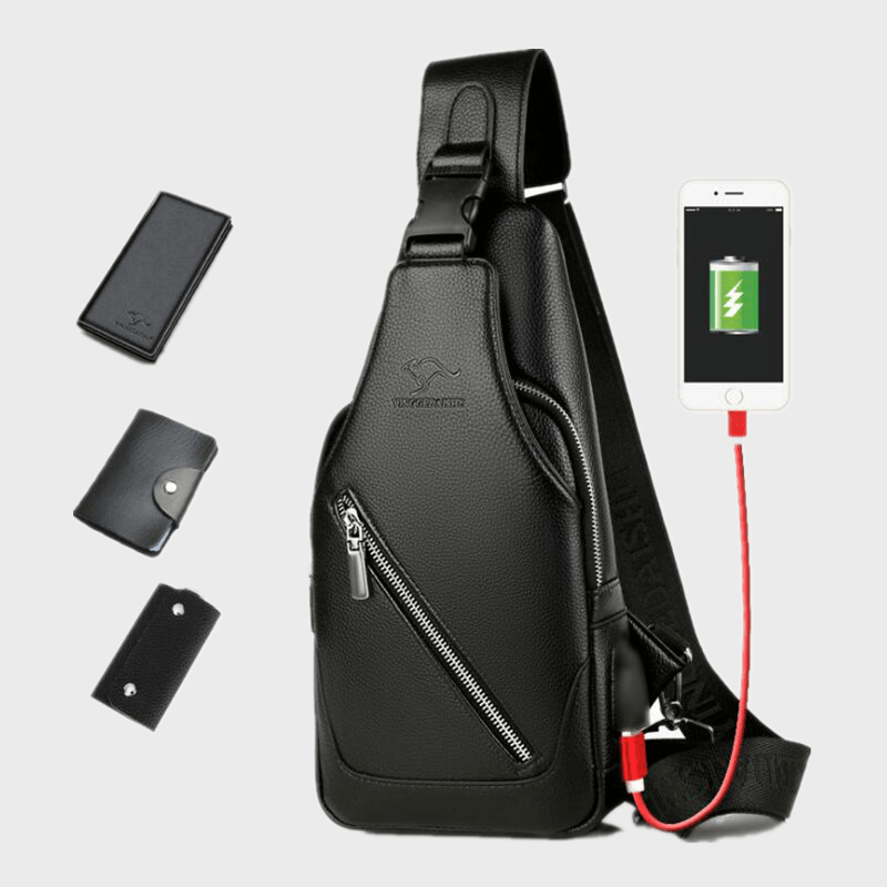 Men PU Leather USB Charging Waterproof Earphone Hole Business Crossbody Bag Chest Bag Sling Bag - MRSLM