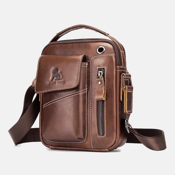 Men Genuine Leather Wear-Resistant Headphone Hole Multi-Pocket Vintage Crossbody Bag Shoulder Bag - MRSLM