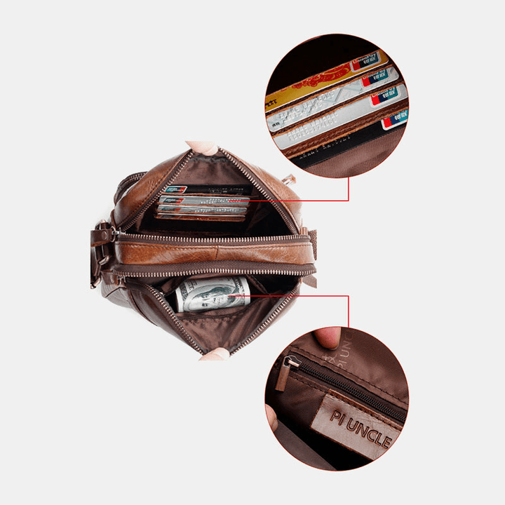 Men Genuine Leather Multi-Function Retro Wear-Resisant Large Capacity Handbag Shoulder Bag Cross Body Bag - MRSLM