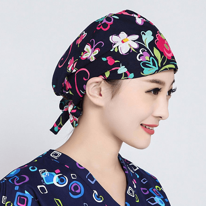 Women Flower Print Cotton Surgical Cap Doctor Nurse Work Hat - MRSLM