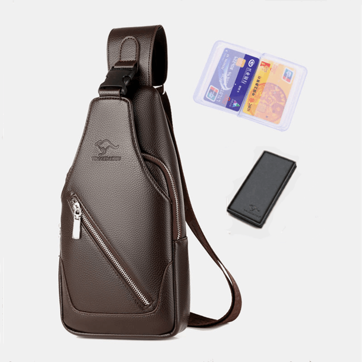 Men PU Leather USB Charging Waterproof Earphone Hole Business Crossbody Bag Chest Bag Sling Bag - MRSLM