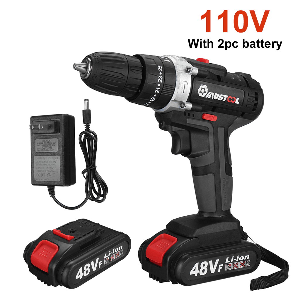 110V/220V 3 in 1 Cordless Impact Drill Hammer Screwdriver with 2Pcs 48V Lithium Batteries - MRSLM