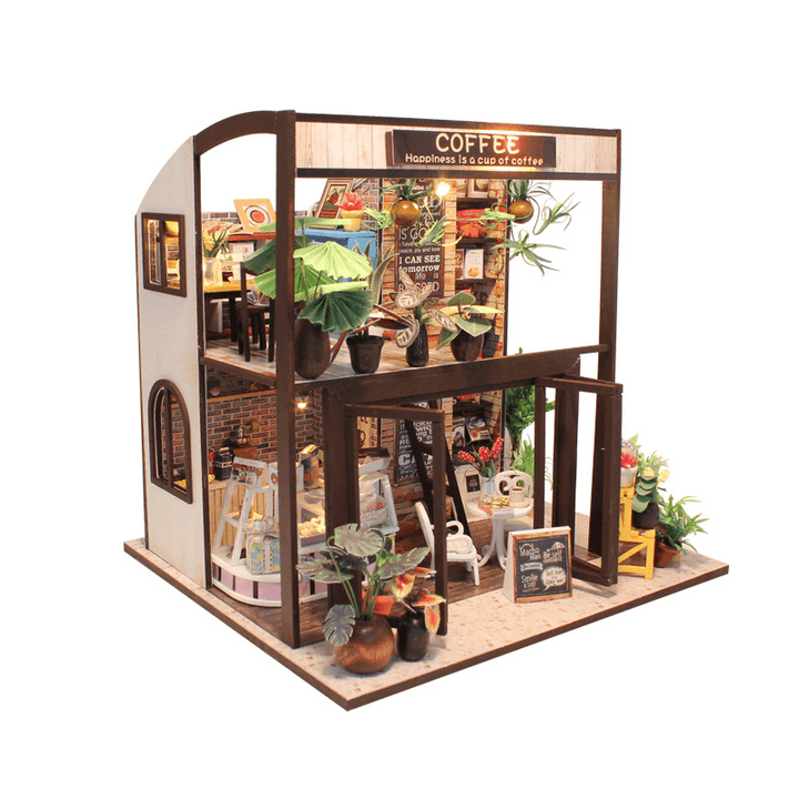 Handcraft DIY Doll House Time Cafe House Wooden Miniature Furniture LED Light Gift - MRSLM