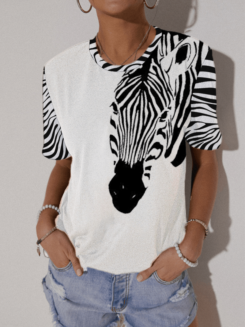 Cartoon Animal Print O-Neck Short Sleeve Casual T-Shirt for Women - MRSLM