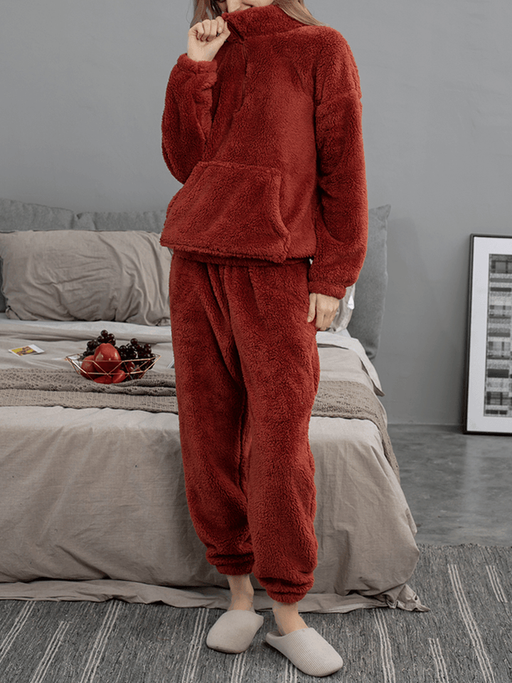 Women Solid Color Plush Fluffy Kangaroo Pocket Pullover Jogger Pants Home Pajama Set - MRSLM