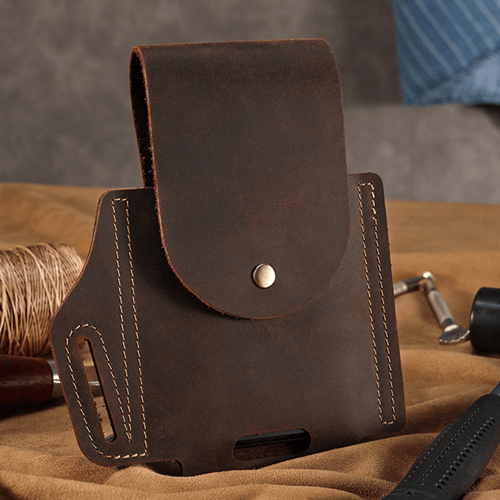 Men Genuine Leather Wear-Resistant Outdoor Sport 6.5 Inch Phone Bag Retro Cover Hasp Waist Bag Belt Bag - MRSLM