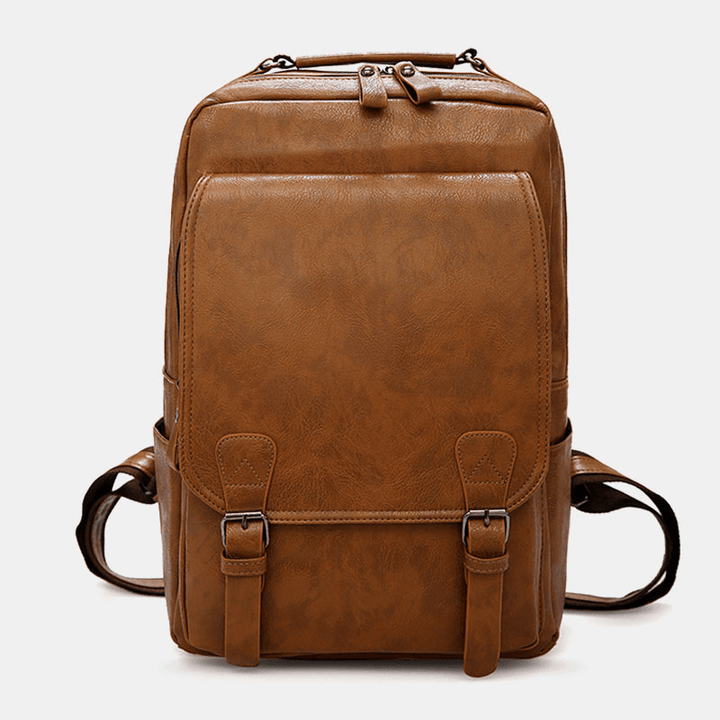 Men PU Leather Vintage Business Waterproof Wear-Resistant Large Capacity 15.6 Inch Laptop Bag Backpack - MRSLM