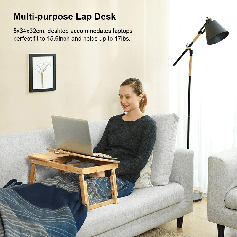 Multi Function Lapdesk Table Bed Tray Folding Adjustable Table Tilting Top with Storage Drawer Bamboo Wood - MRSLM
