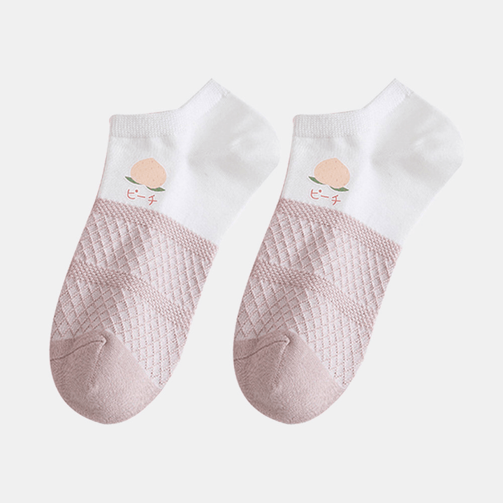 3 Pairs Women Letters Print Stripes Argyle Breathable Cotton Peach Socks - MRSLM