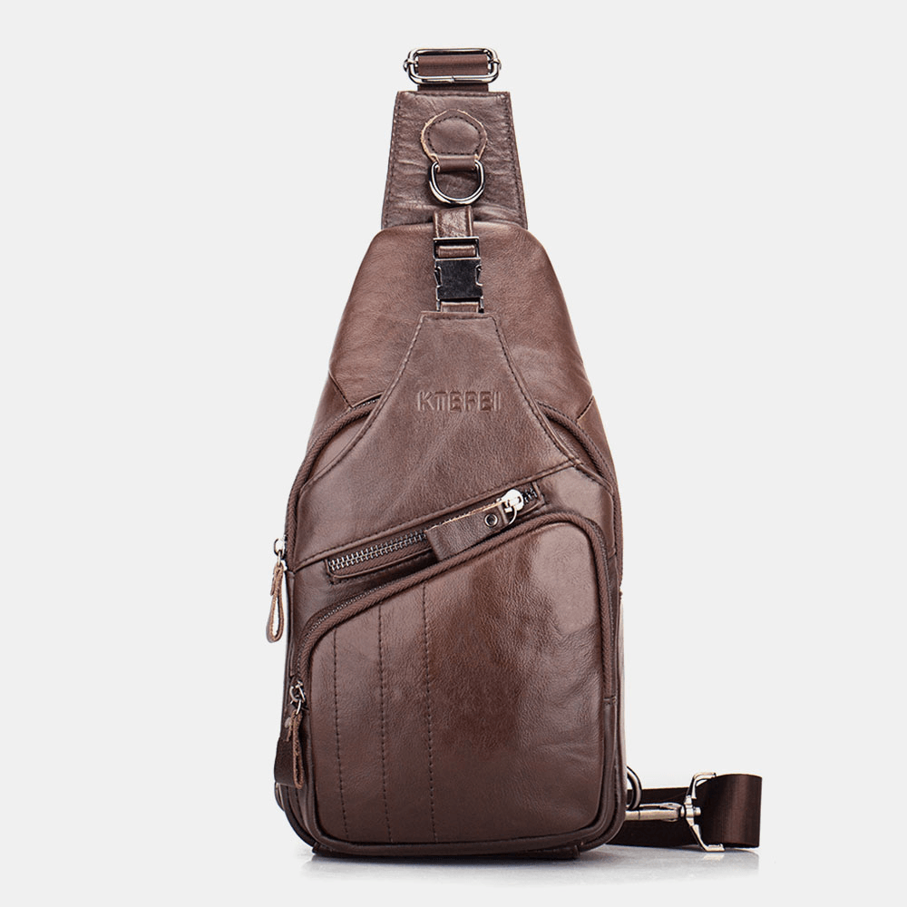 Men Genuine Leather Multi-Pocket Large Capacity Vintage First Layer Cowhide Crossbody Bags Shoulder Bag Chest Bag - MRSLM