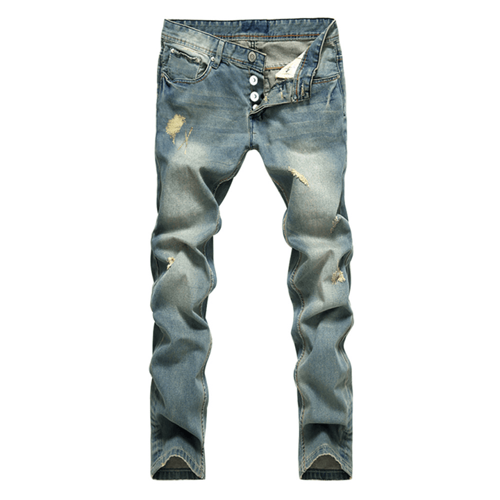 Straight Light-Colored Nostalgic Button Hole Men'S Denim Trousers - MRSLM