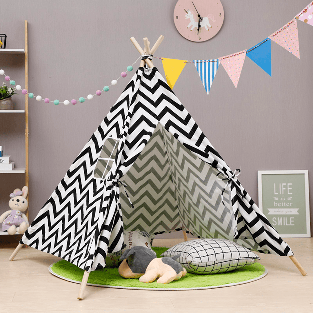 135Cm Kids Teepee Play Tent Pretend Playhouse Indoor Outdoor Children Toddler Indian Canvas Playhouse Sleeping Dome W/ Package Bag Gift - MRSLM