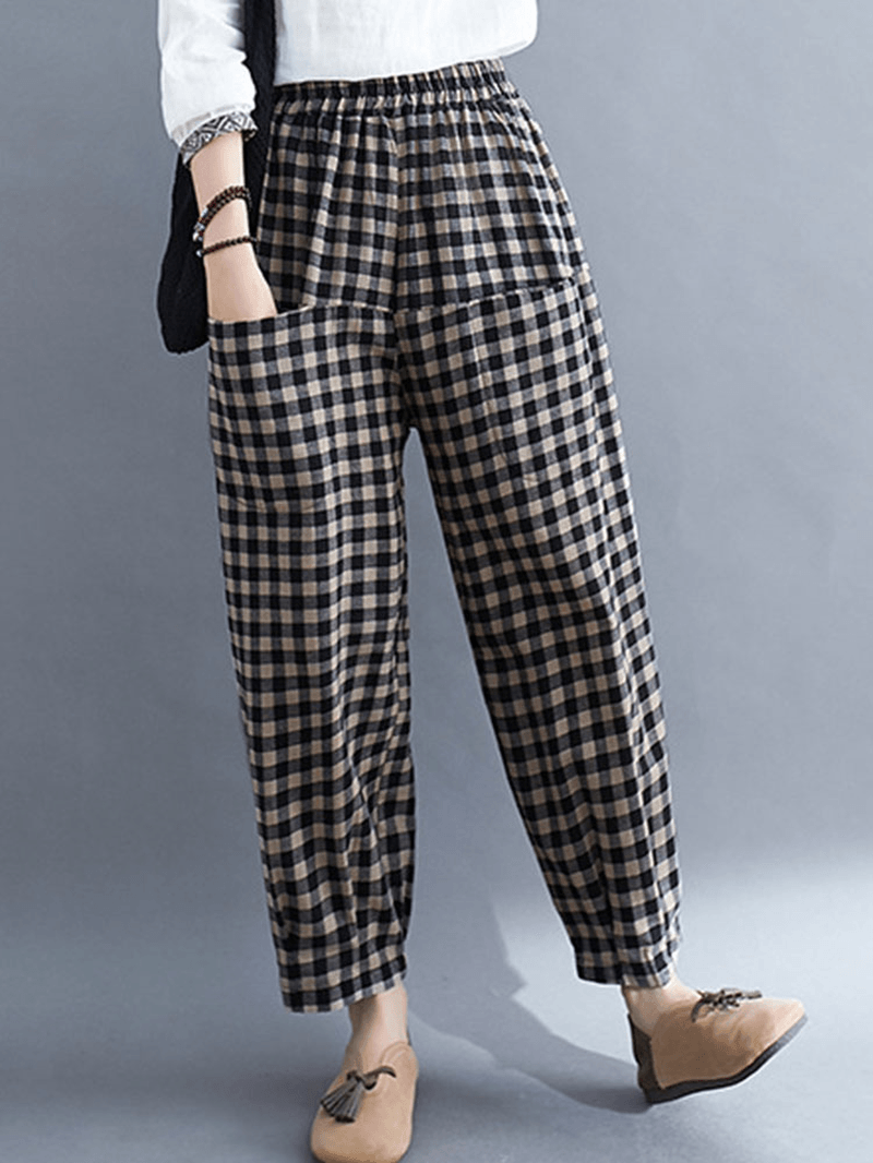 Women Vintage Plaid Wide-Legged Elastic High Waist Side Pocket Ankle Length Harem Pants - MRSLM