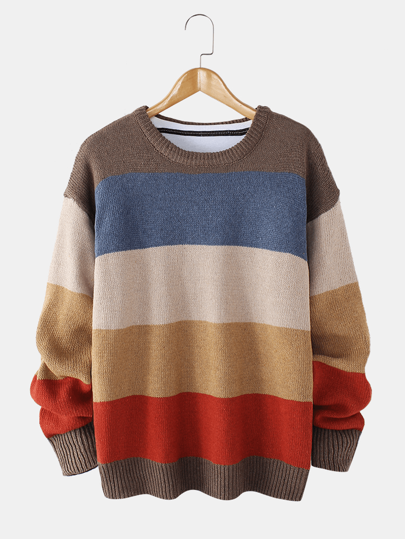 Mens Striped Knitting round Neck Long Sleeve Warm Sweaters - MRSLM