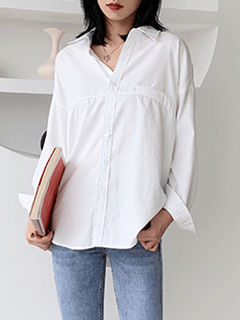 Solid Color Lapel Long Sleeve Plain Daily Casual Shirts for Women - MRSLM