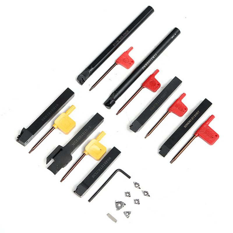 7Pcs 12Mm Shank Lathe Turning Tool Holder with 7Pcs Carbide Inserts - MRSLM