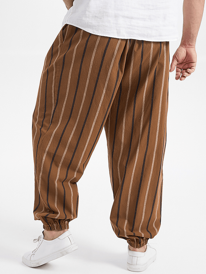 Plus Size Mens Vintage Striped Print Mid Waist Cotton Jogger Pants - MRSLM