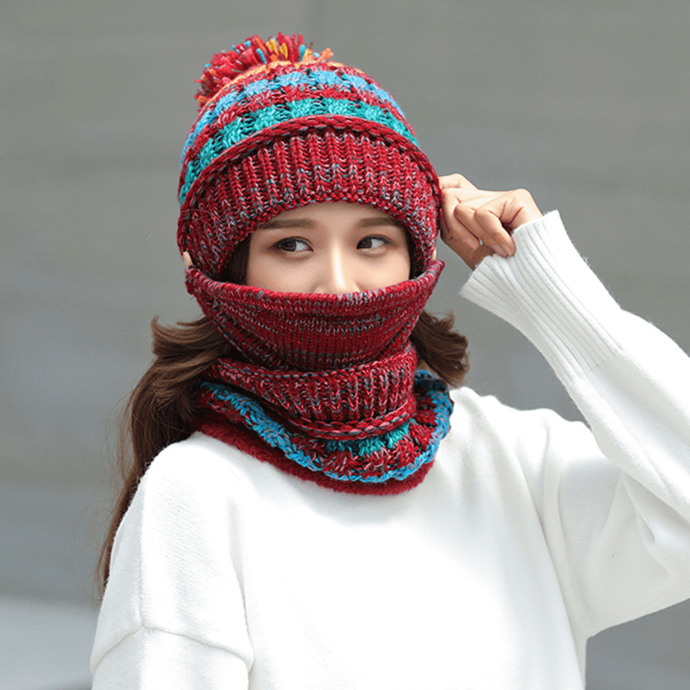 Women 3PCS Wool plus Velvet Thicken Warm Windproof Neck Face Protection Riding Knitted Hat Mask Scarf - MRSLM