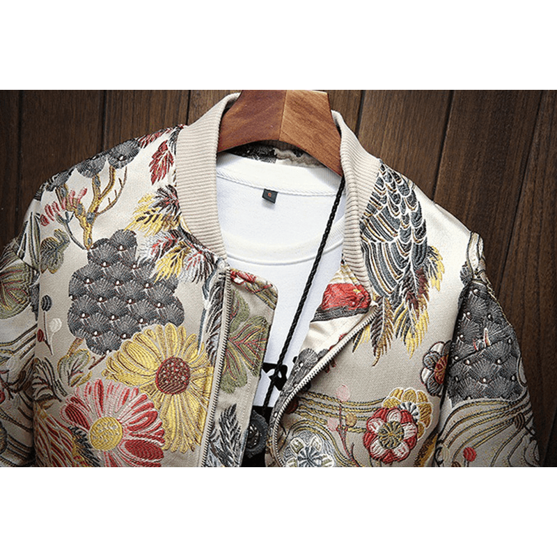 Ethnic Style Crane Embroidered Floral Baseball Jacket - MRSLM