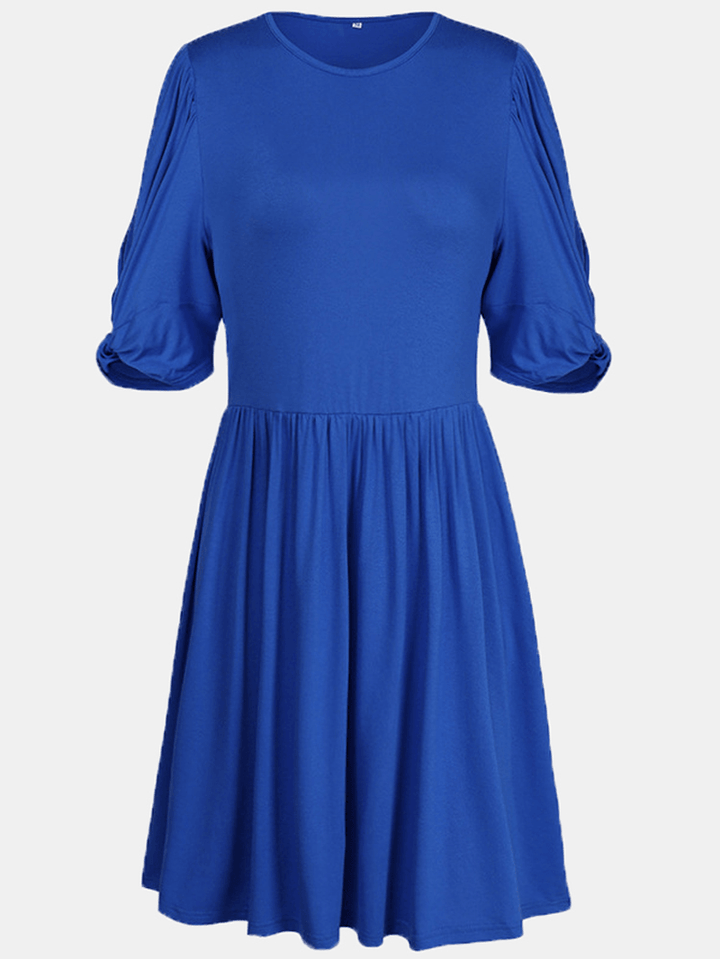 Women Pleats Solid Color Twist Sleeve Casual Dress - MRSLM