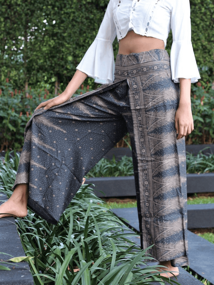 Women Idyllic Ethnic Style High Waist Side Split Loose Yoga Wide Leg Pants - MRSLM