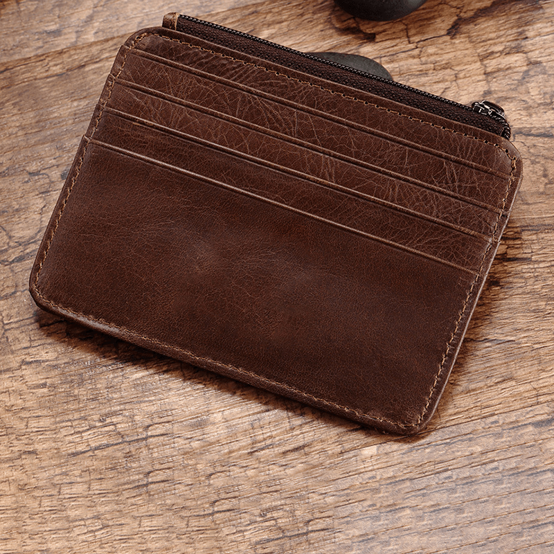 Men Genuine Leather 11 Card Slot Card Holder Mini Zipper Coin Purse Clutch Wallets - MRSLM